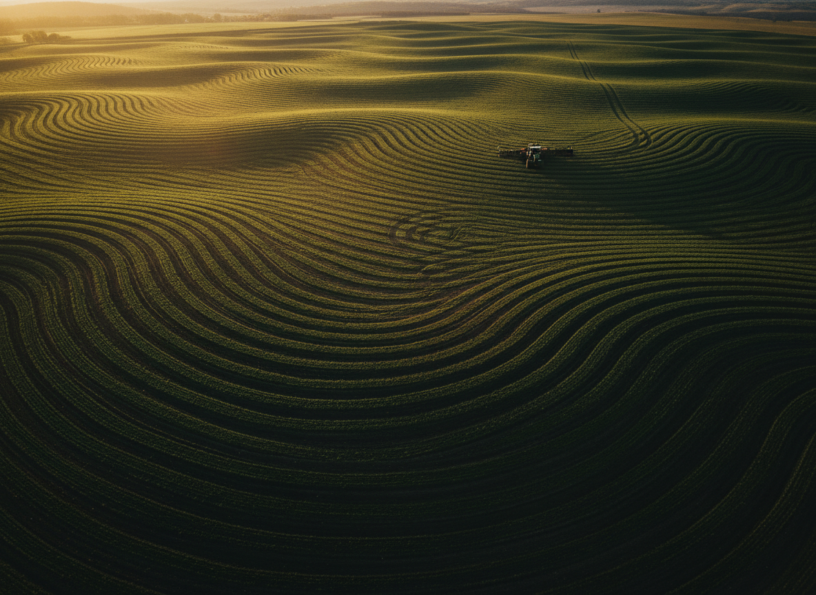 Vista aérea de un campo agrícola al atardecer con hileras de siembra de precisión