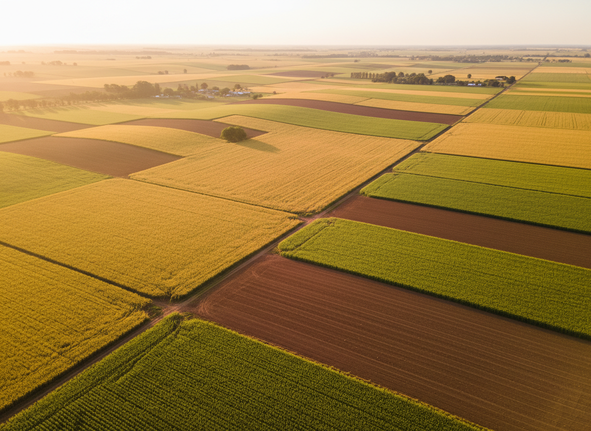 Aerial drone shot of vast Argentine pampas farmland at golden hour